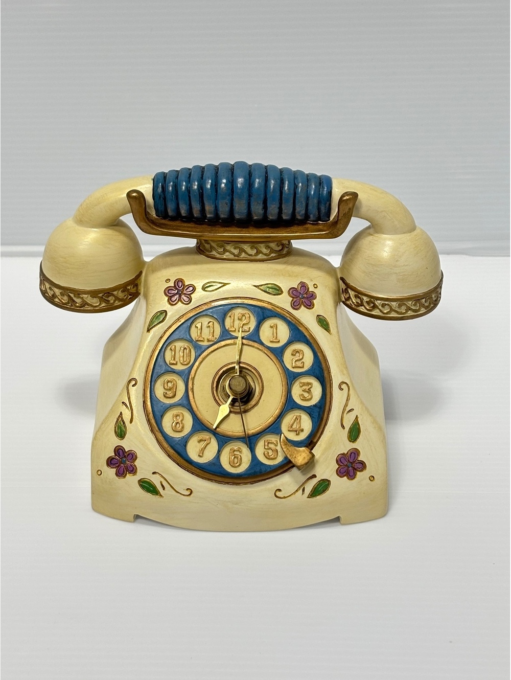Clock Vintage Ceramic Rotary Phone Figurine with Floral Design and Blue Accents